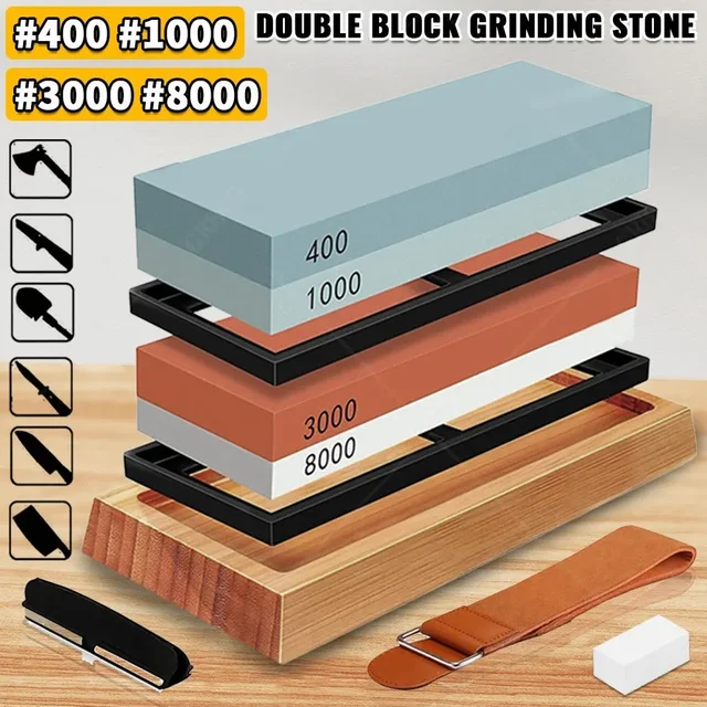 ערכת אבן שינון לסכינים מקצועית 400/1000 3000/8000 גריט בסיס במבוק לא מחליק דו צדדי מדריך זווית לסכינים 1
