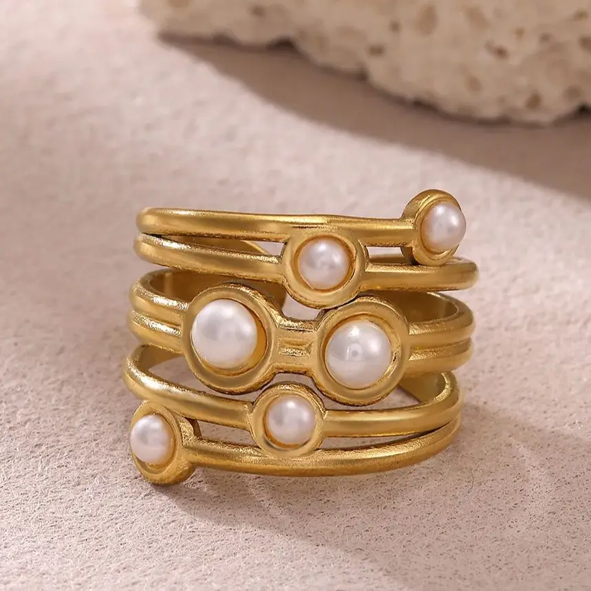 Pearl Rings Gold Stainless Steel for Women