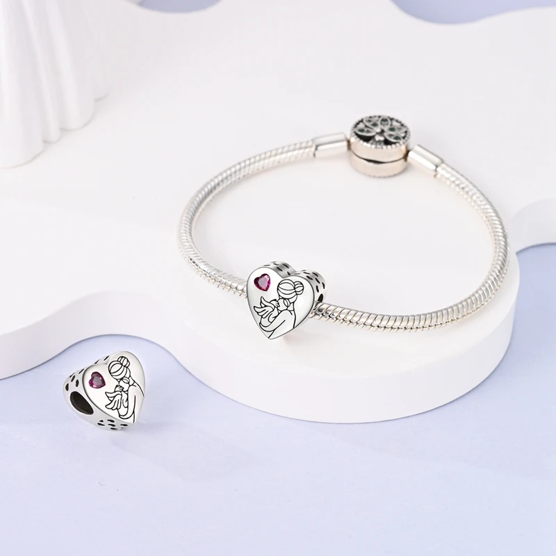925 Silver Color Heart Shaped Dad and Mom Warm Family Charms Beads Fit Qikaola Original Bracelets DIY Mother's Day Jewelry Gifts 3