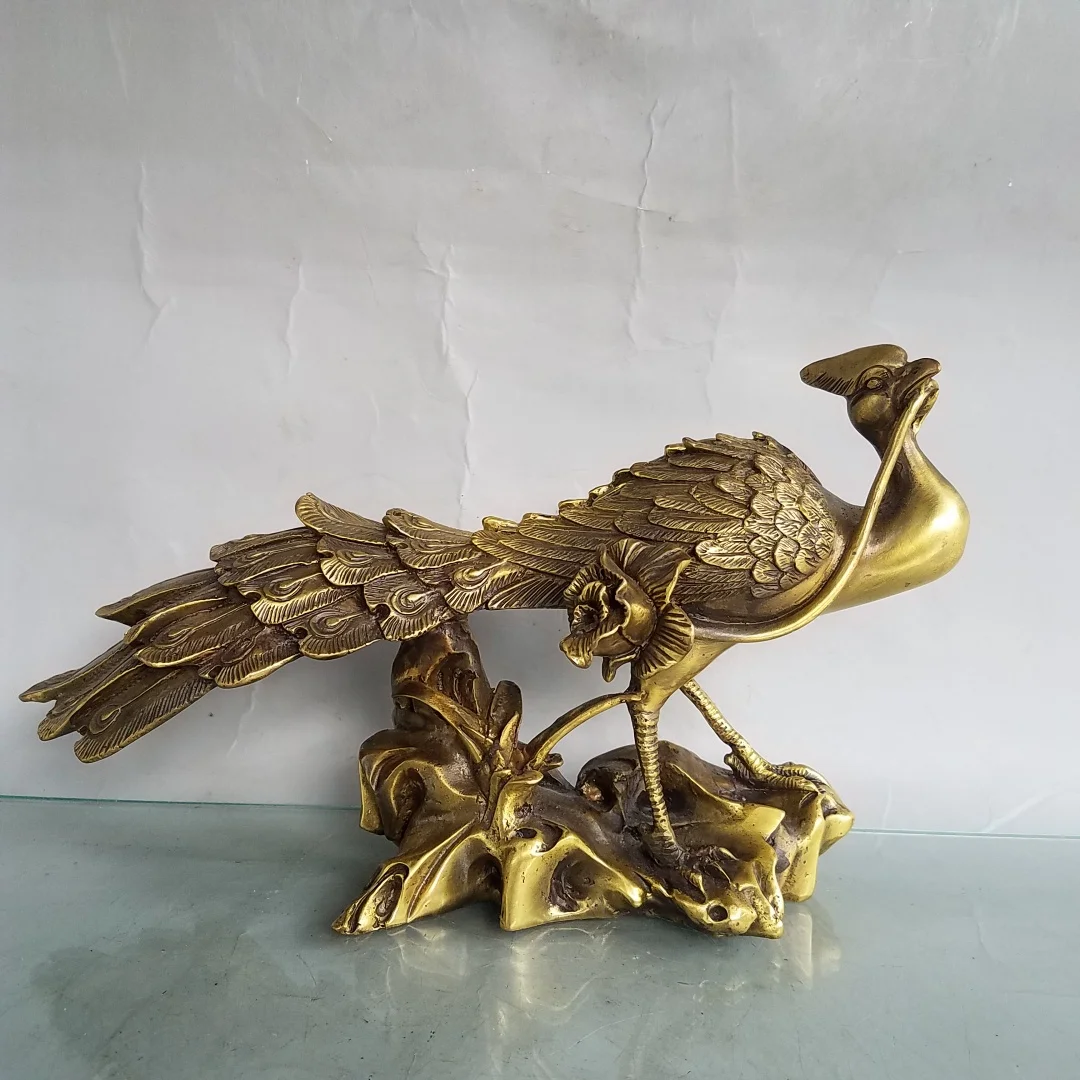 

10"Tibet Temple Collection Old Brass Phoenix Statue In its beak Lotus flower Divine beast Amass wealth Ornaments Town house