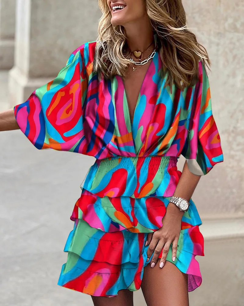 

Women Elegant Irregular Ruffles Dress Summer Printed Sexy V-neck Bat Sleeve Bohemia Dresses Female Casual Vacation Mini Dresses