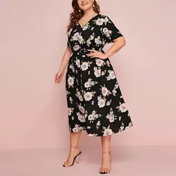 Women Midi Dress Large Hem Flower Printed Loose Split Short Sleeve Dress-up V Neck Tight Waist Plus Size Lady Dress Female Cloth
