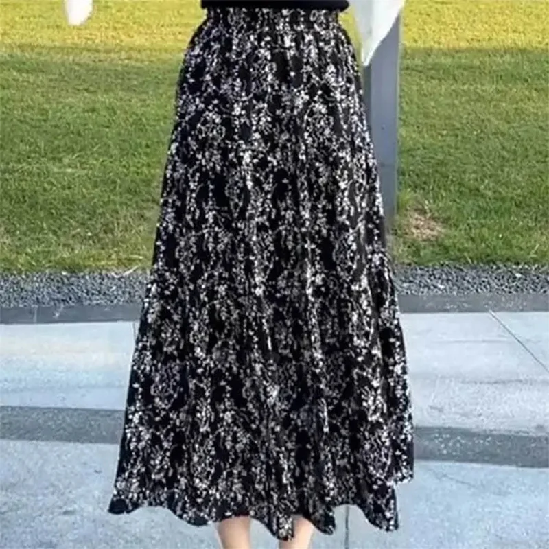 

Женская шифоновая юбка с высокой талией, повседневная элегантная облегающая юбка с цветочным принтом, с поясом на резинке, в стиле ретро, весна-лето 2024