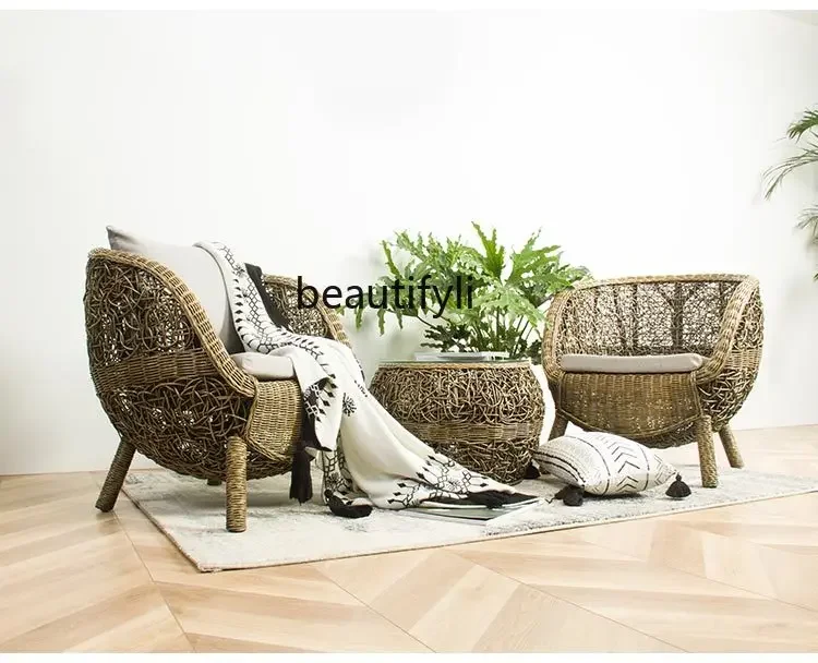

Rattan Chair Three-Piece Set Balcony Leisure Area Layout Small Tea Table Combination Household Outdoor Courtyard Backrest