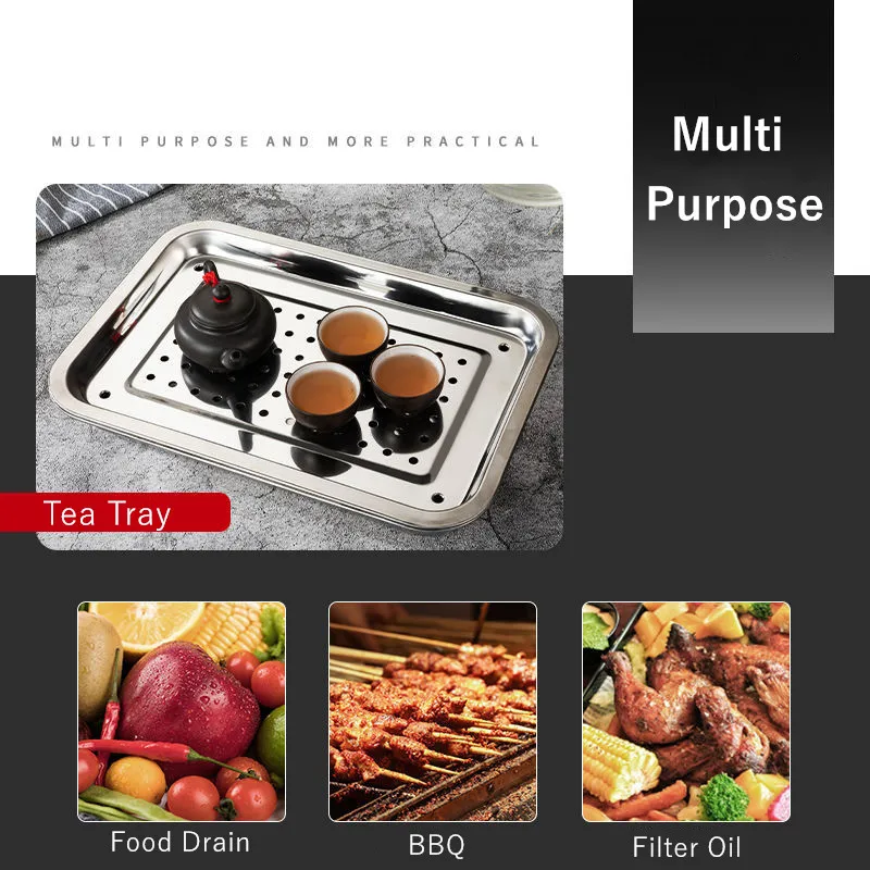 2PCS Stainless Steel Kitchen Storage Tray Set Food Drain Dry Dish Barbecue Hollow Filter Oil Plate Home Teahouse Tea Cup Trays 5