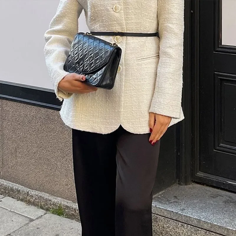 Elegante blazer de tweed para mujer, abrigo ajustado con cuello redondo y hombreras, chaqueta gruesa para mujer, ropa de oficina de primavera 2025
