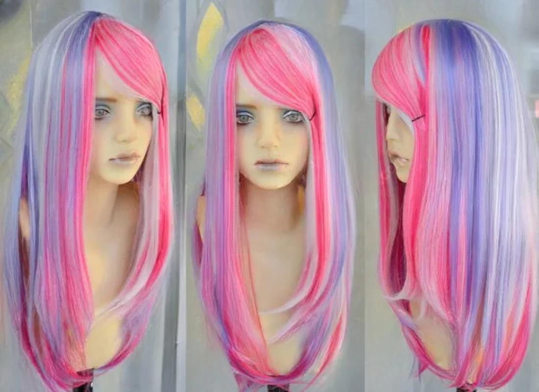 lolita Tropical rainforest toxic Fashion long Mixed PInk & White blue straight Cosplay Wig