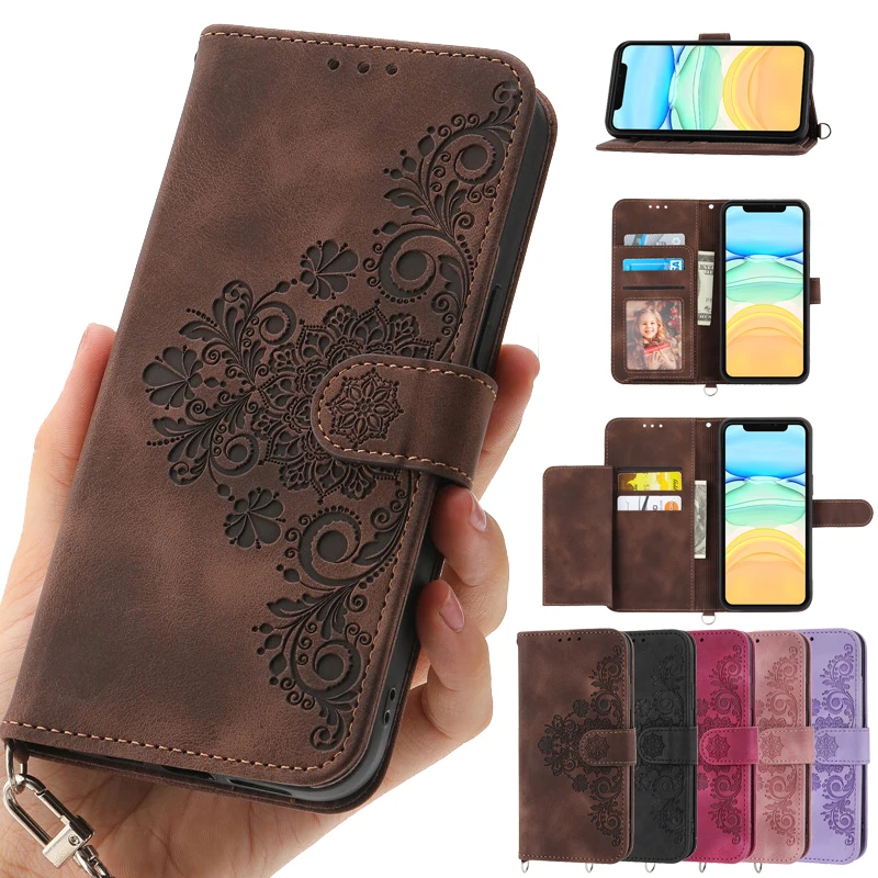 Elegant Leather Magnetic Phone Case - Floral Flip Wallet Cover