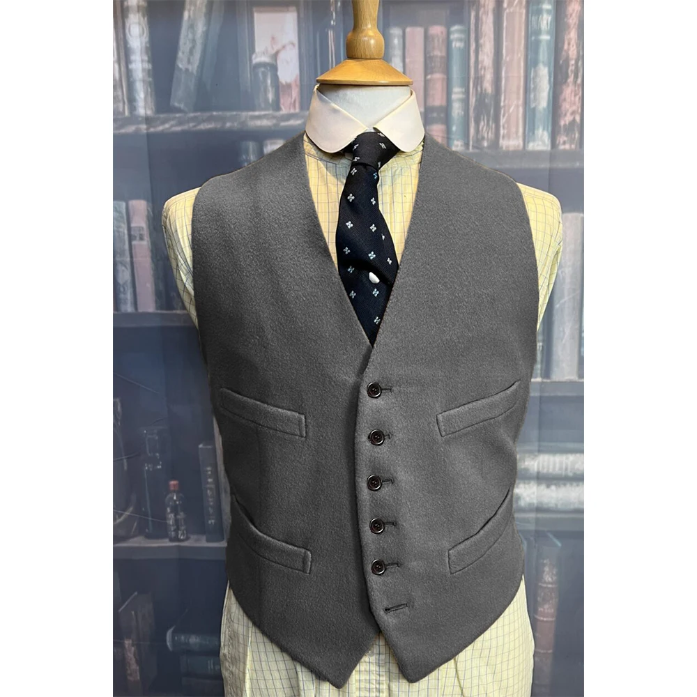 Winter Men's V Neck Suit Vest Grey Wool Blend Waistcoat Formal Elegant Wedding Single Breasted Vests for Men Dress Up