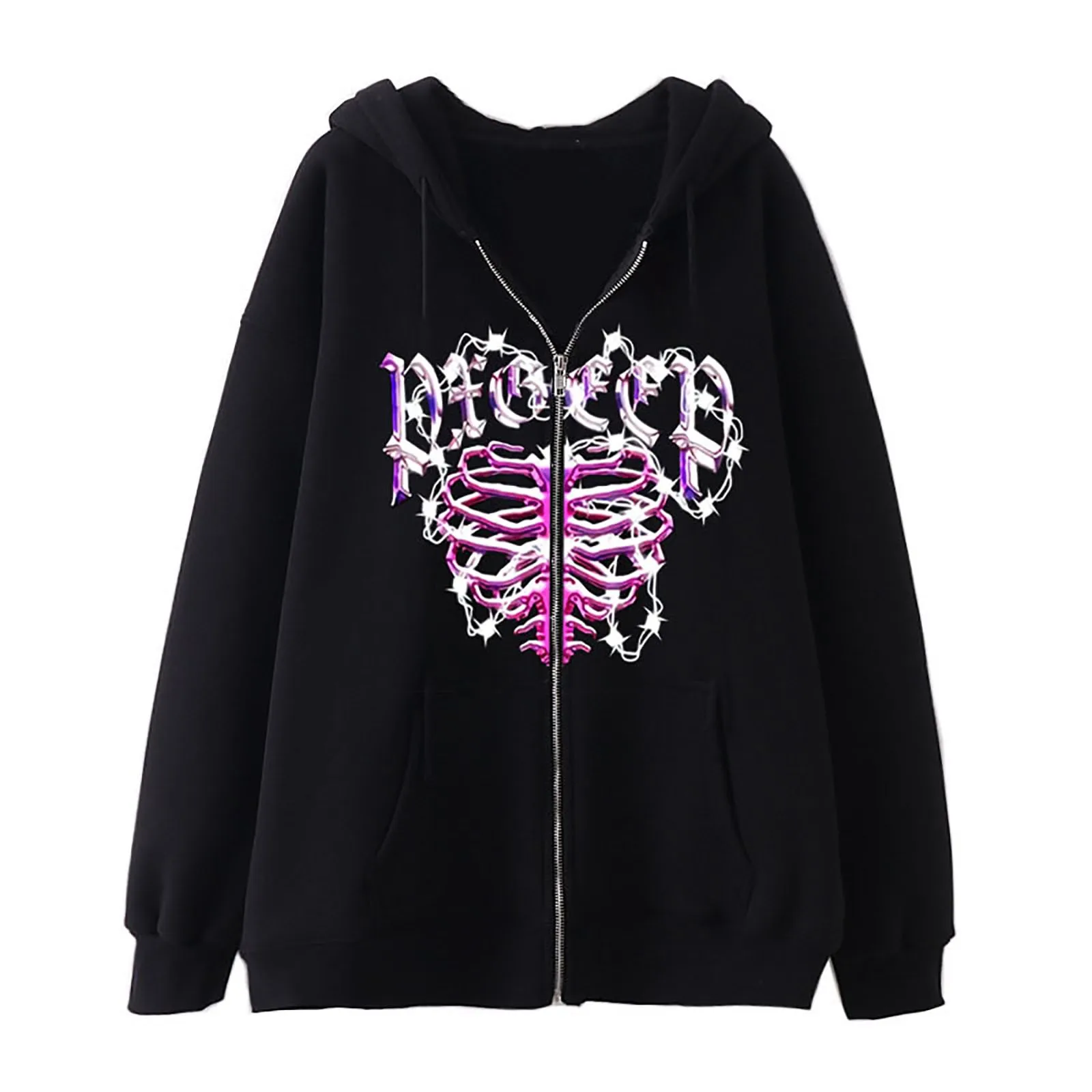 

Women'S Y2k Gothic Sweatshirt Letter Skeleton Print Zip Up Hoodie Retro Punk Loose Coat Long-Sleeve Jacket For Lady Autumn 2023