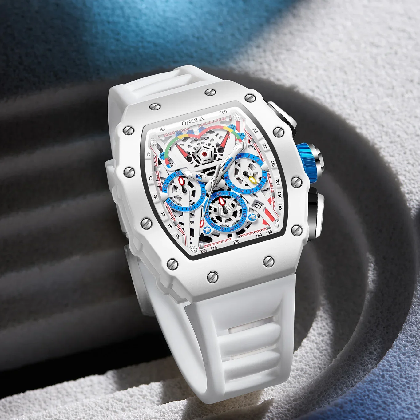 Luxury Watch Men\'s ONOLA Fashion Casual  Multifunctional Silicone Tape Waterproof Quartz Watch White