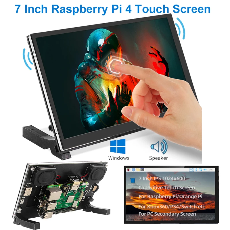 7 Inch Raspberry Pi 5 / 4 Touch Screen IPS Display Adjustable Backlight Monitor Optional Speaker 1024*600 LCD for RPI 5 4B 3B+