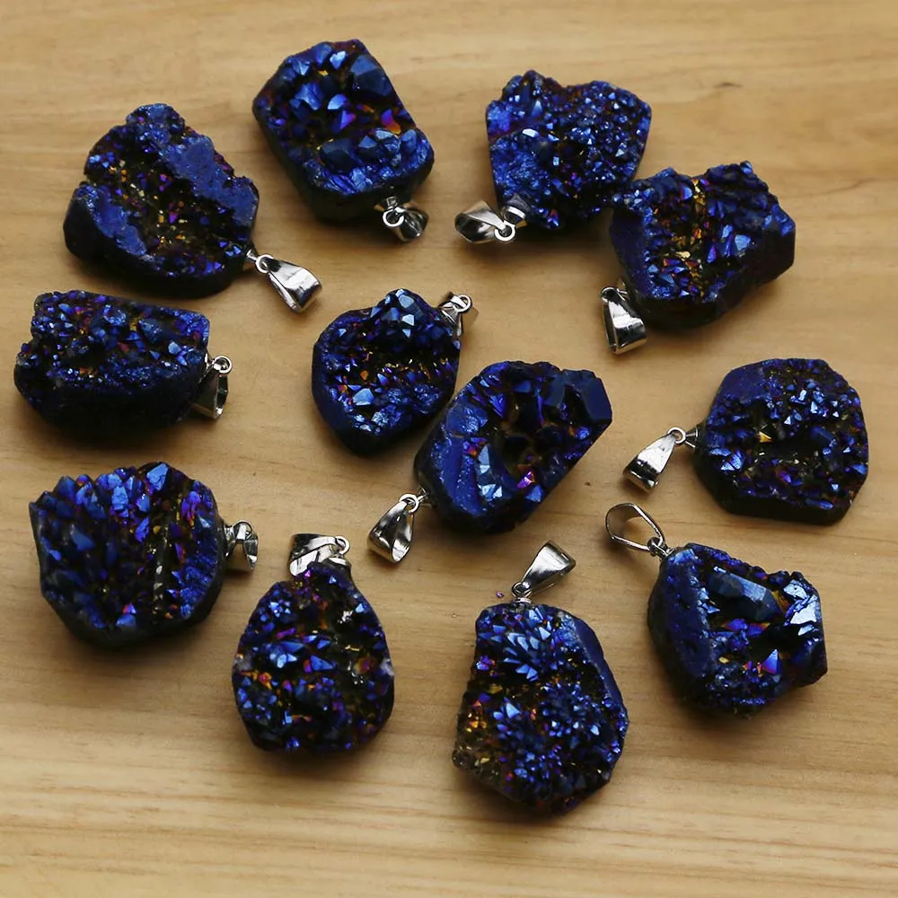 Natural Agate Raw Stone Electroplated Blue Crystal Cluster Irregular Pendant Charm Necklace Accessories Jewelry Wholesale 15Pcs
