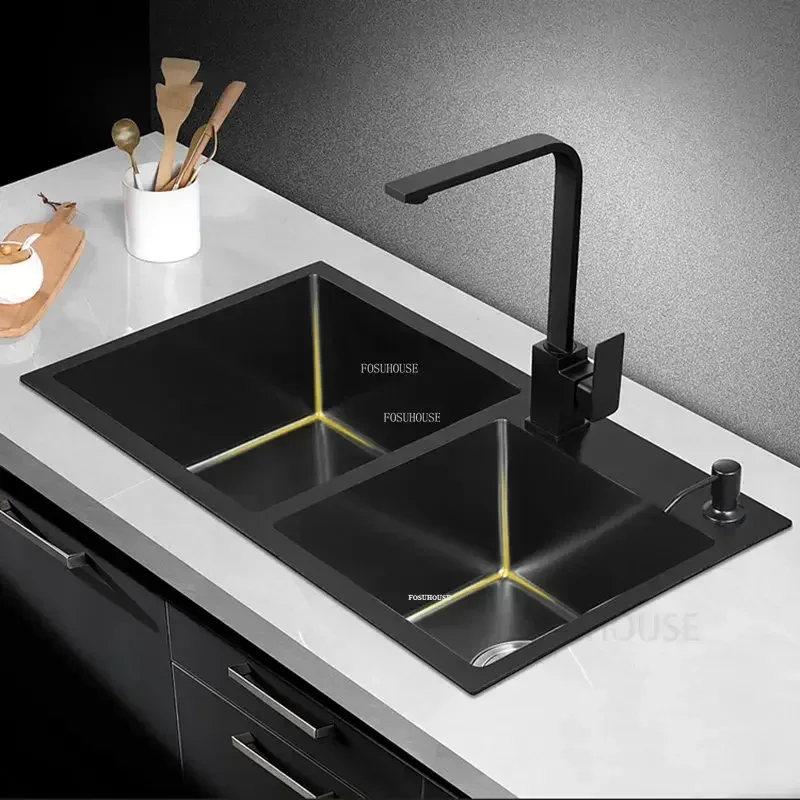 Thickened Kitchen Accessories Nano Handmade Kitchen Sinks Stainless Steel Black Double-slot Home Washbasin With N 2