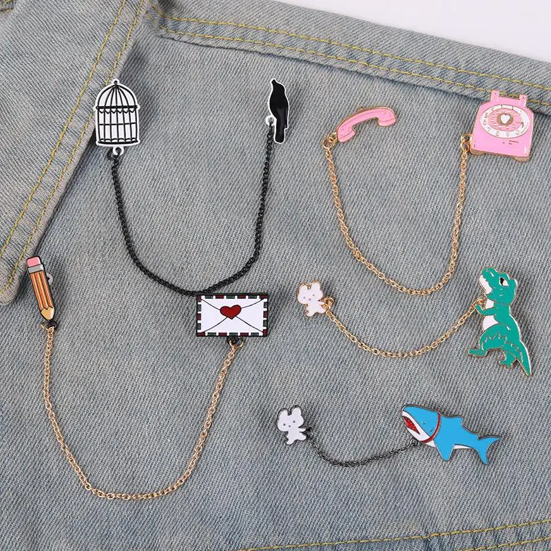 

Tassel Enamel Pins Dinosaur Shark Bird Animal Love Letter Vintage Phone Collar Decor Lapel Pin Brooch Men Women Jewelry Gifts
