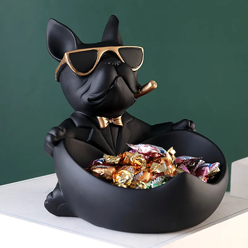 Statue chien bouledogue français résine avec bol de rangement | 2023