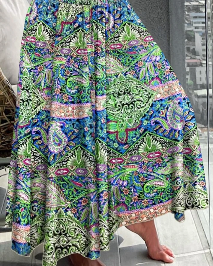 Women's Boho Pants 2024 Summer Fashion Floral Print Paisley Tribal High Waist Shirred Vintage Wide Leg Pants Trousers Vacation