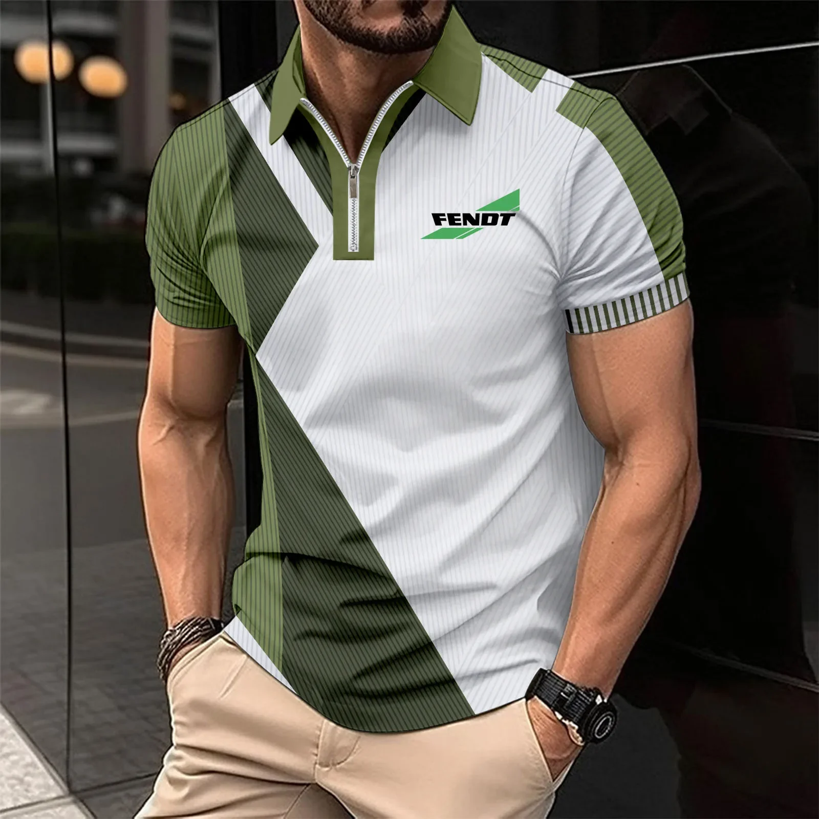 

2024 Brand POLO shirt for men Tractor FENDT summer men's clothing Color contrast 3D striped golf shirt lapel shirt for men
