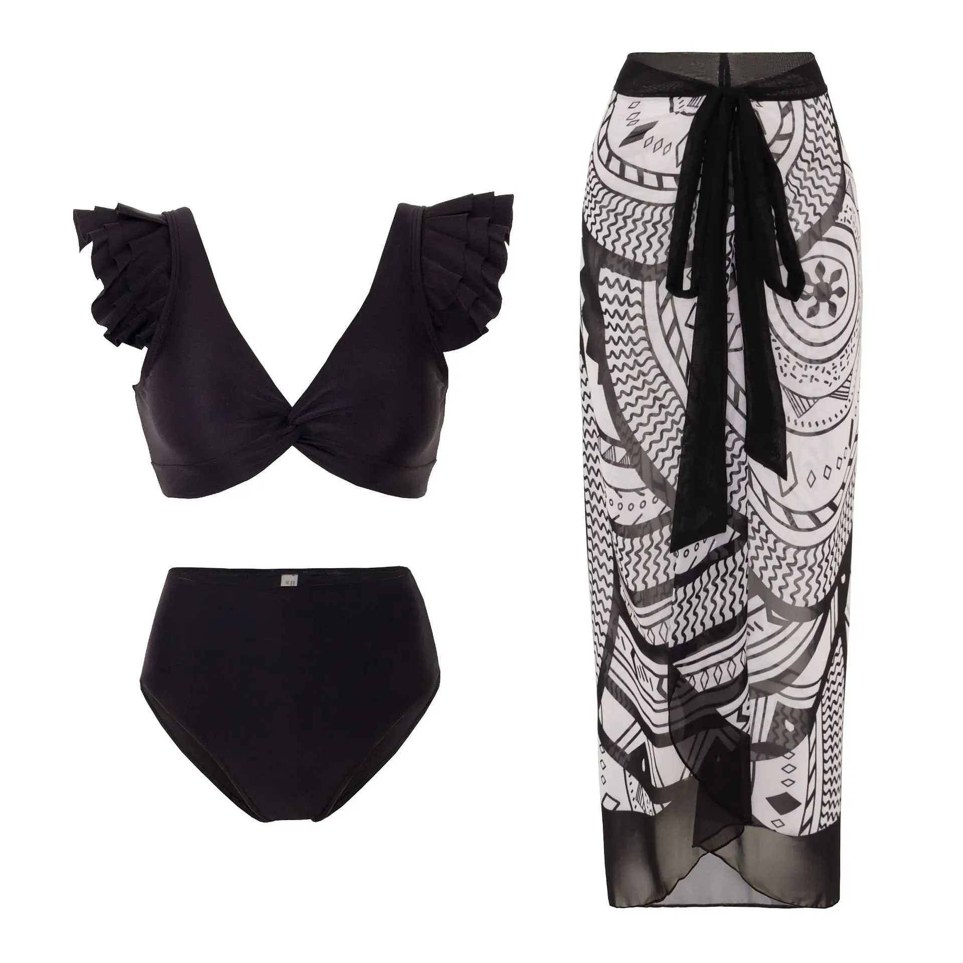 

Black High Waist Swimsuit 3 Pieces Sets Bikinis+Skirt Women 2024 Biqunis Ruffle Beachwear Bathing Suit Monokini Summer Cover Ups