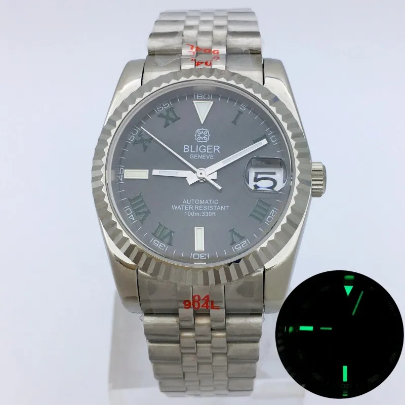

BLIGER New 36/39mm Fluted Bezel NH35A Automatic Men's Watch Grey dial Green Roman Numerals Date Sapphire Glass Jubilee Bracelet