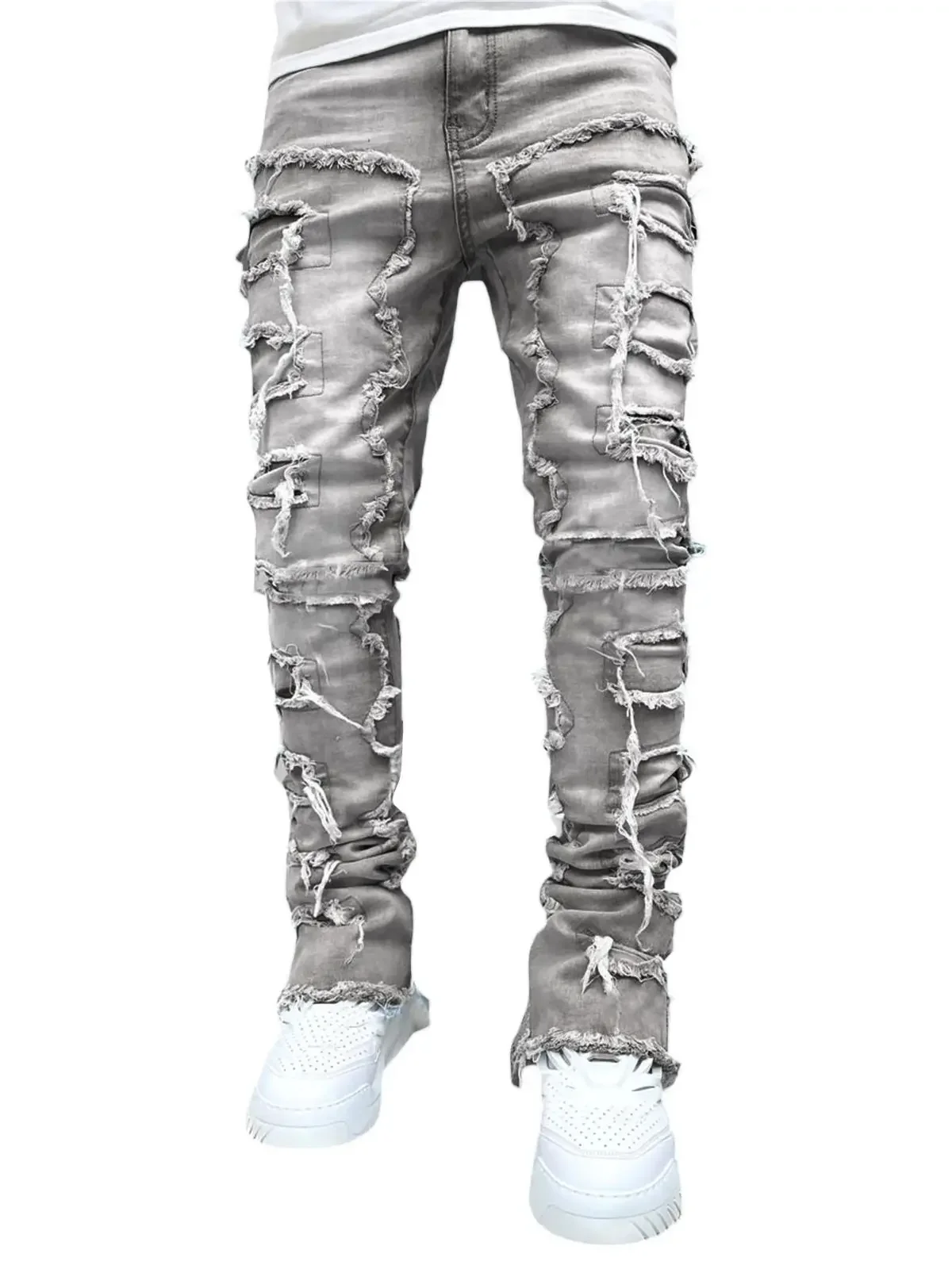 High Street White Men's Stacked Jeans Stretched Patchwork Tassel Damaged Denim Full Length Pants Hip-pop Trousers For Male 4