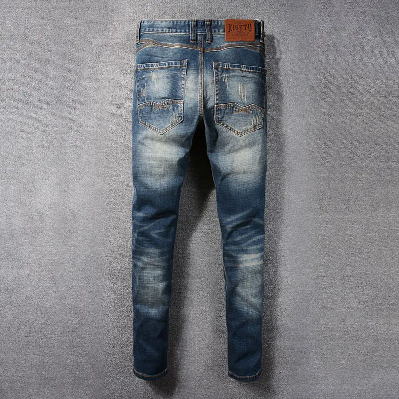 Newly Designer Fashion Men Jeans High Quality Retro Washed Blue Stretch Slim Fit Ripped Jeans Men Vintage Denim Pants Hombre