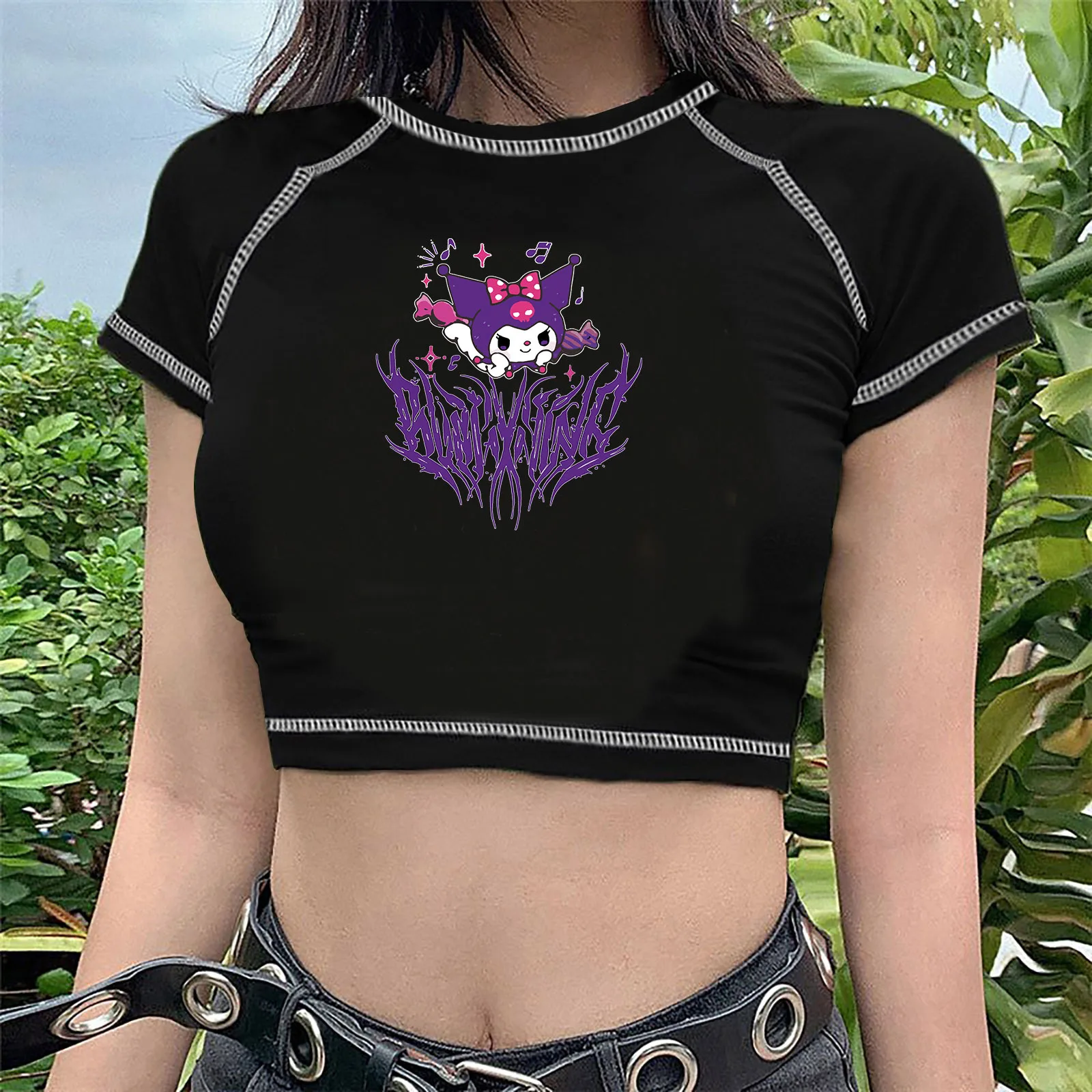 

Суперкороткая футболка Sanrio Kuromi в стиле панк с мультяшным принтом, пуловер с круглым вырезом, женские укороченные топы, рубашка без рукавов, женская одежда SML