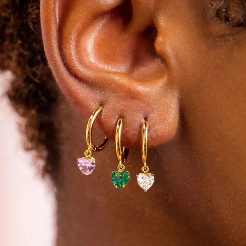 Zircon Heart Hoop Earrings Women 18K Gold Plat Pink For