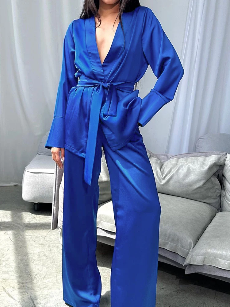 

Linad Loose Women's Home Clothes 2 Piece Sets Blue Long Sleeve Sleepwear Sashes Casual Female Trouser Suits 2023 Autumn Pajamas