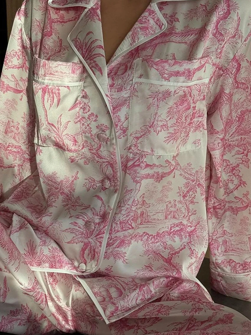 Marthaqiqi Fashion Women'S Nightwear 2 Piece Set Long Sleeve Pajamas Sexy Turn-Down Collar Sleepwear Pants Loose Nightgowns Suit