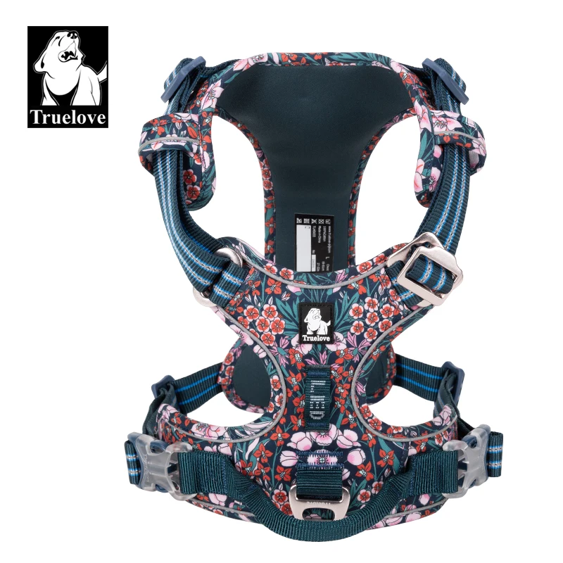 Truelove Pet Dog Harness Floral No Pull Cotton Fabric Breathable and Reflective Soft for Big Medium Small Adjustable VestTLH5655 — Color: NAVY BLAZER / Size: M