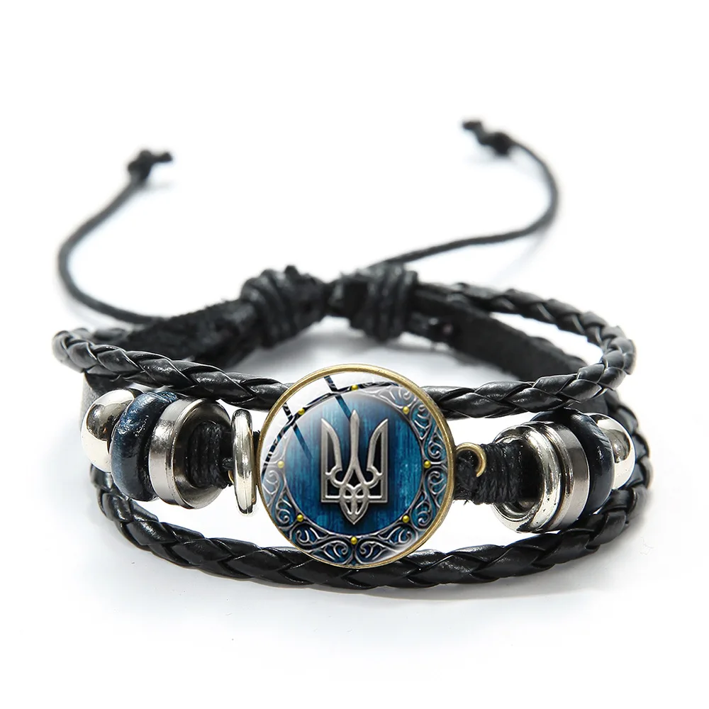 Ukrainian Flag Glass Pendant Bracelet Blue Yellow Trident Graphic Vintage Handmade Beaded Woven Leather Bracelet Bracelet Jewelry