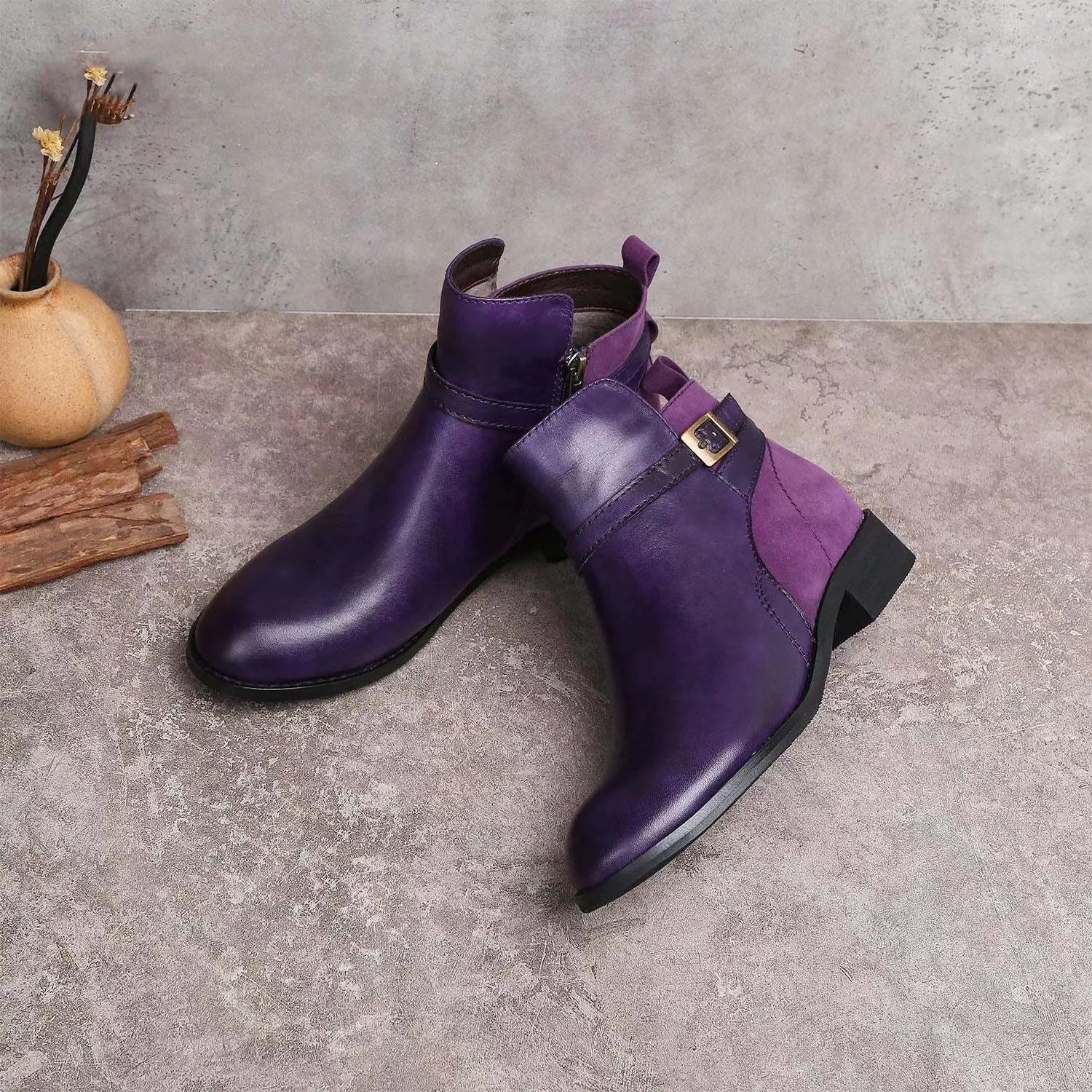 

Women Leather Short Boots Ladies British Style Shoes Ankle Low Heels Zipper Round Toe PU Belt Buckle Mature Retro Solid Concise