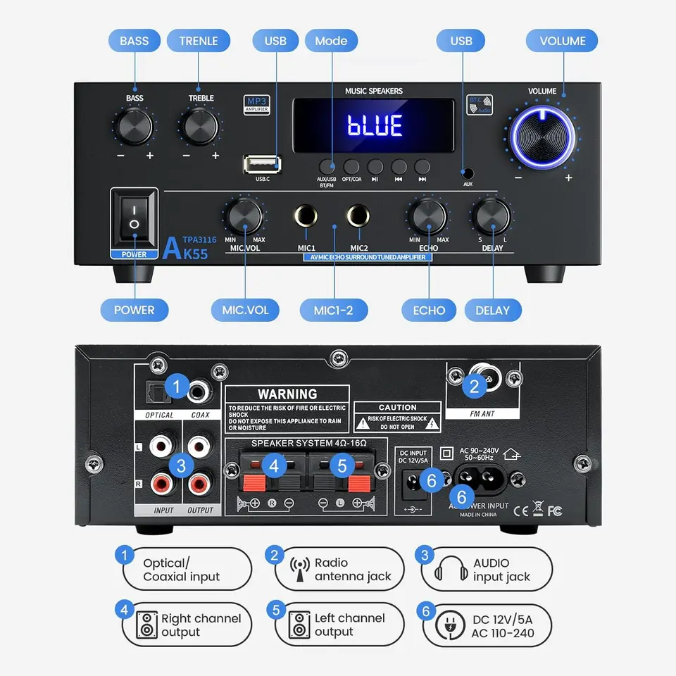 Versterker HiFi Digitale versterker USB Bluetooth Afstandsbediening Stereo 5-kanaals Microfoon Mini Fm Audio Metaal Power Voorversterker Ontvanger Muziekspeler Krachtversterker Volledige Versterker