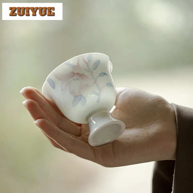 2pc/lot Japanese Hand Drawn Lily High Footed Teacup Ancient Flower Mouth Tea Bowl Cup For Tea Personal Cup Chazhan Mug 75ml