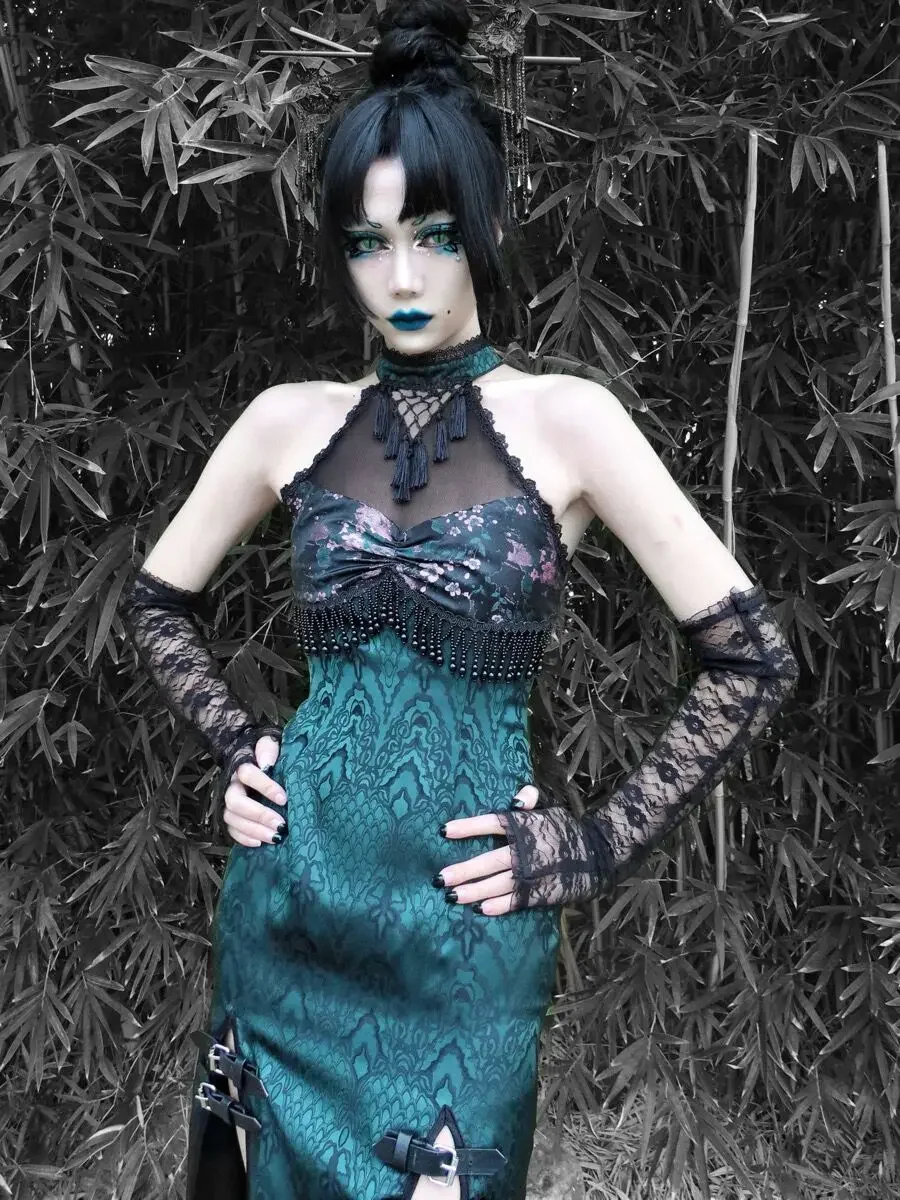 Original Dark Gothic Sexy Dress Women Harajuku Aesthetic Summer Heavy  Industry Mesh Slit Neck Cheongsam Dress Print Tassels Top - AliExpress  200000345