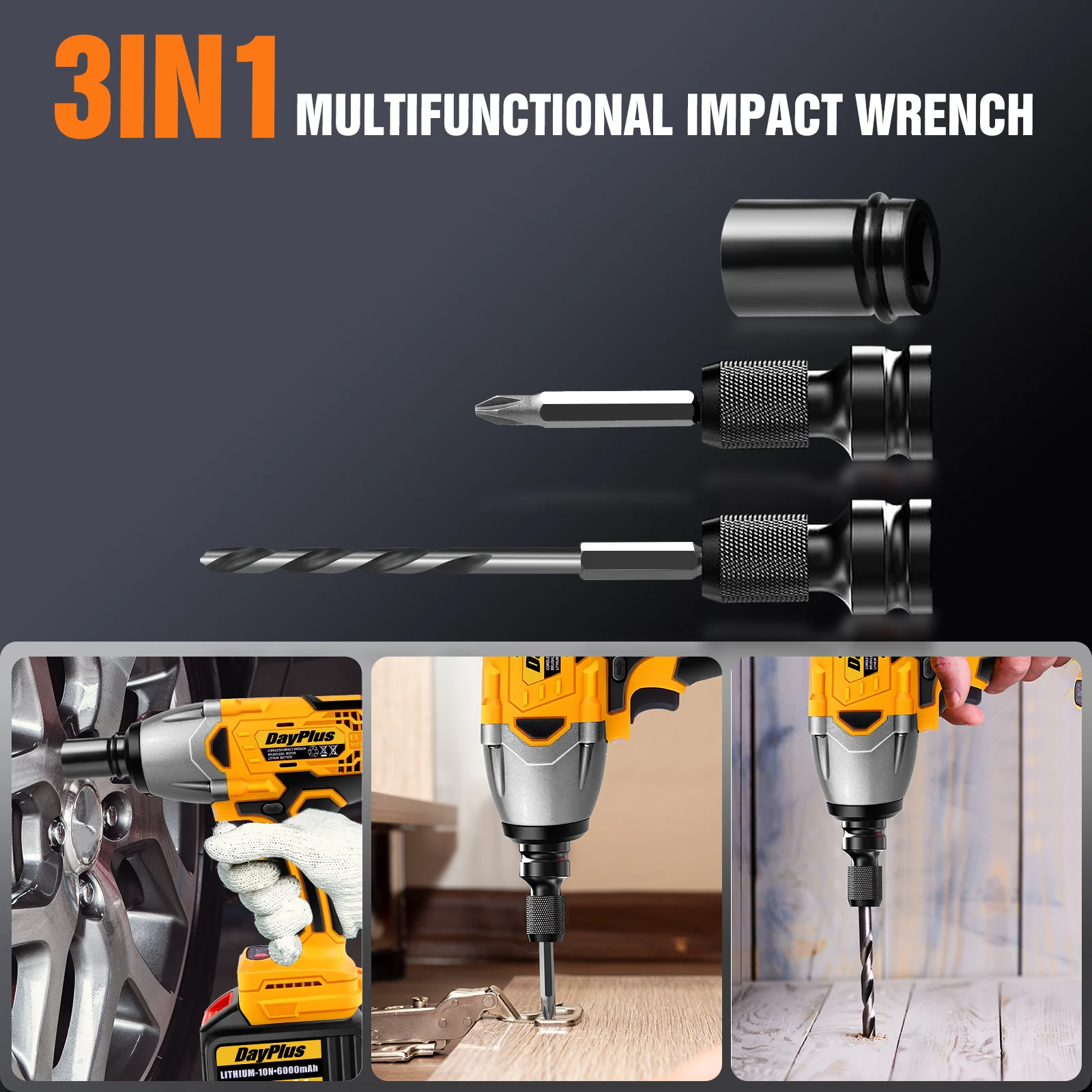 DayPlus 1500Nm Cordless Impact Wrench 3 IN 1 Electric Drill Impact Wrench,Brushless Impact Gun 1/2"Driver Car Tyre Wheel,3 Speed 2
