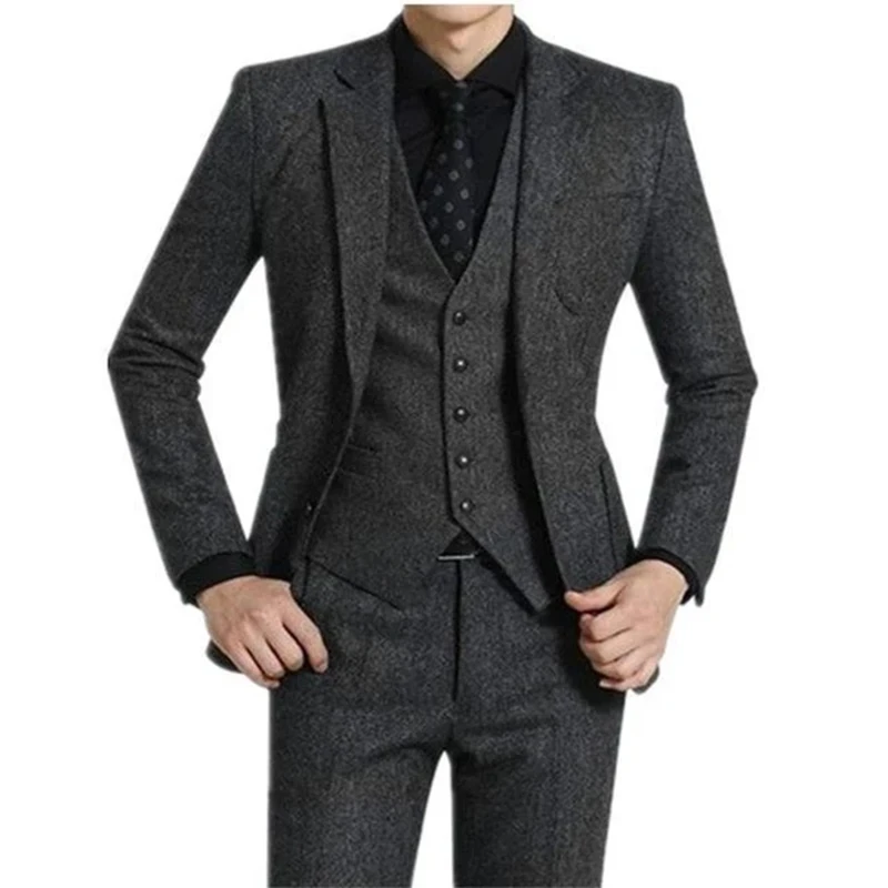 

Grey Tweed Men Suits For Wedding 3 Piece Peaked Lapel Custom Formal Groom Tuxedos 2023 Winter Male Fashion Clothes Jacket Pants