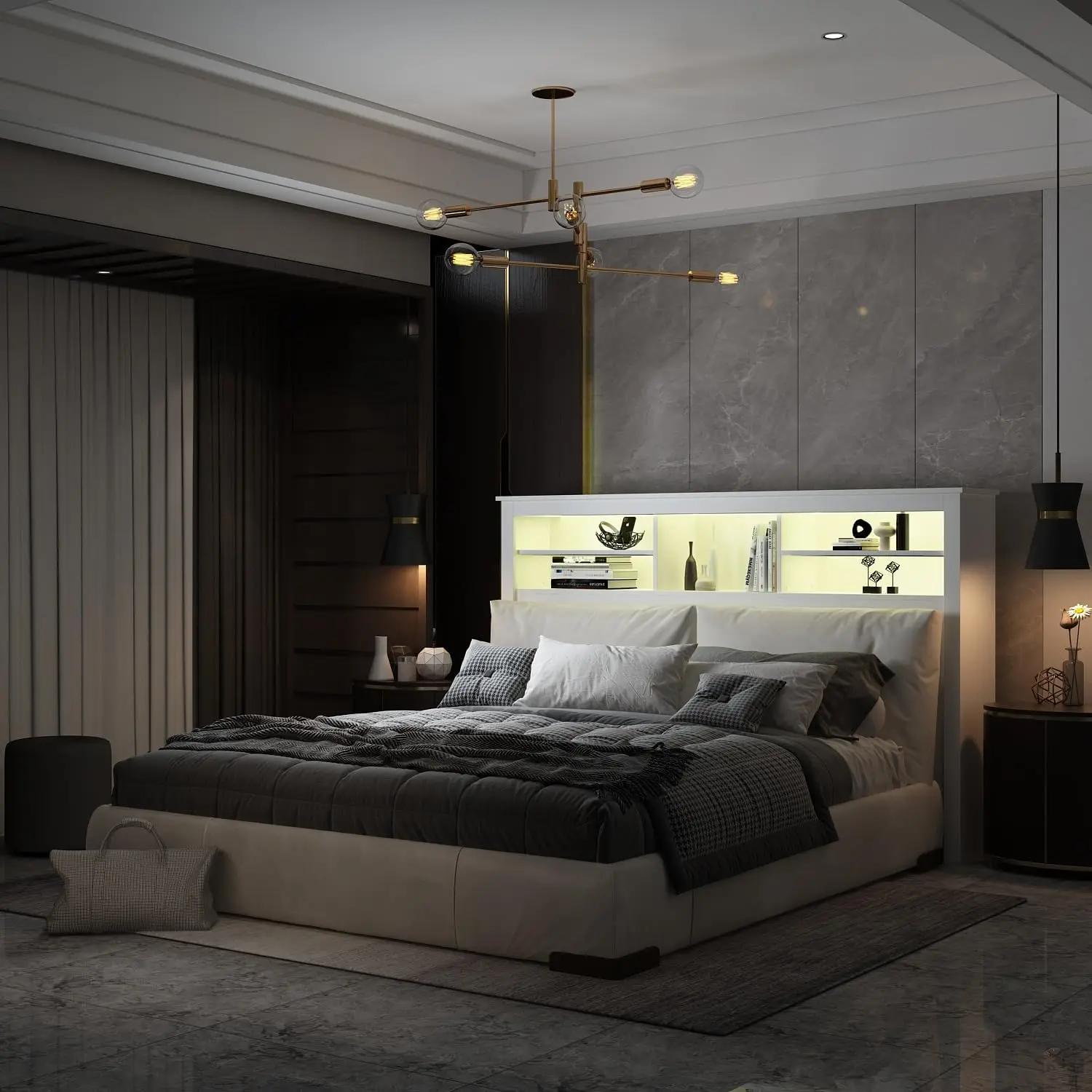 Full/Queen Size Headboard with Adjustable Light, Wood Modern Headboard with 5 Storage Shelves, Bluetooth, Remote & USB Port for