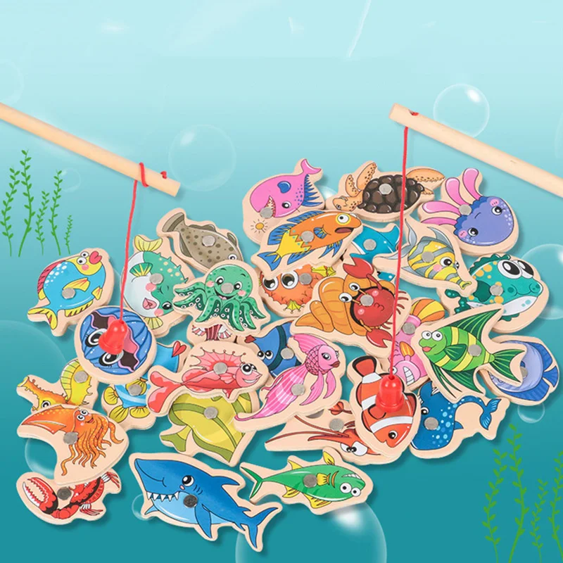 Wooden Fishing Game Cartoon Marine Life Cognition Fish Rod Magnetic Toys for Children Early Educational Parent-child Interactive 4