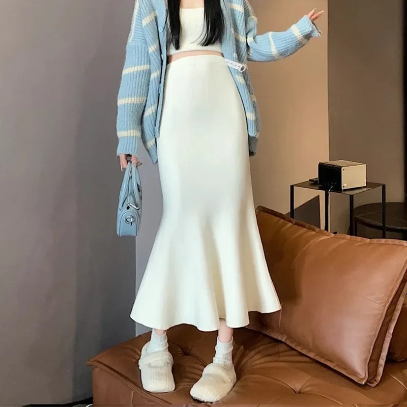 Maternity Mid-Length Black Slimming A- Line Knitted Skirt Fish-Tail One-Step Skirt Autumn Winter plus Size Women's Dress