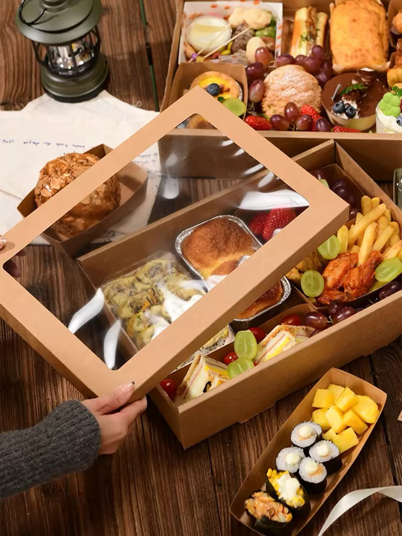 Description Picture 2 of item1pcs, picnic box with lid, outdoor camping style kraft paper packaging box, baking light food fruit dessert lunch box