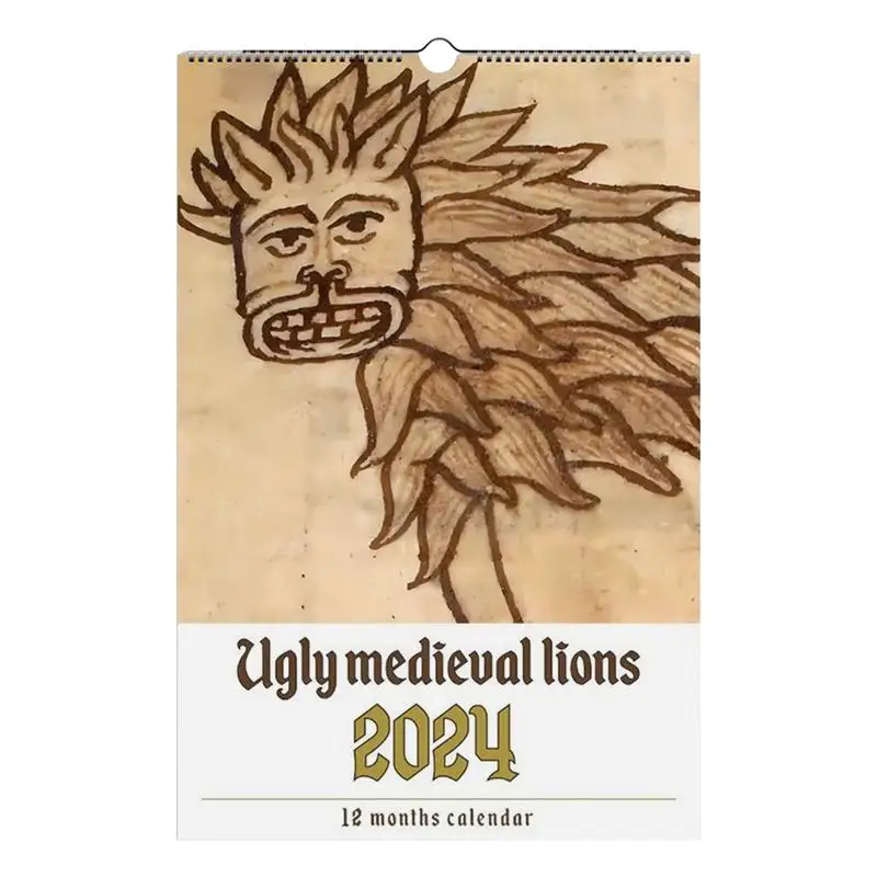

Необычный календарь в средневековом стиле с Львом, декоративный креативный Забавный подарок, настенный календарь 2024, декоративный необычный средневековый календарь с животными