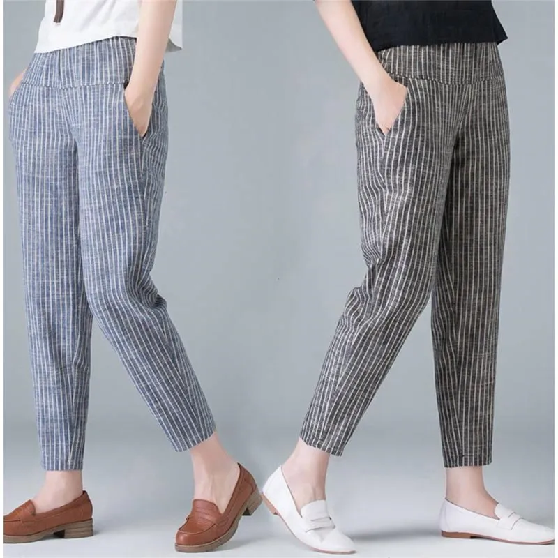 

2023 Women pants Cotton Linen Pants Summer Loose High Waist Stripe Women Harem Pant Casual Pantalon Female Sweatpants Trouser