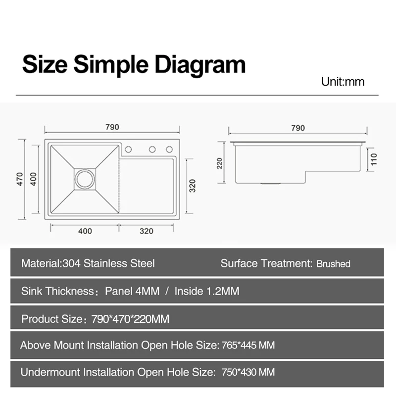 ASRAS Handmade Brushed Stepped Kitchen Sinks 304 Stainless Steel Large Size 4mm Thickness 220mm Depth Stepped Kitchen Sink
