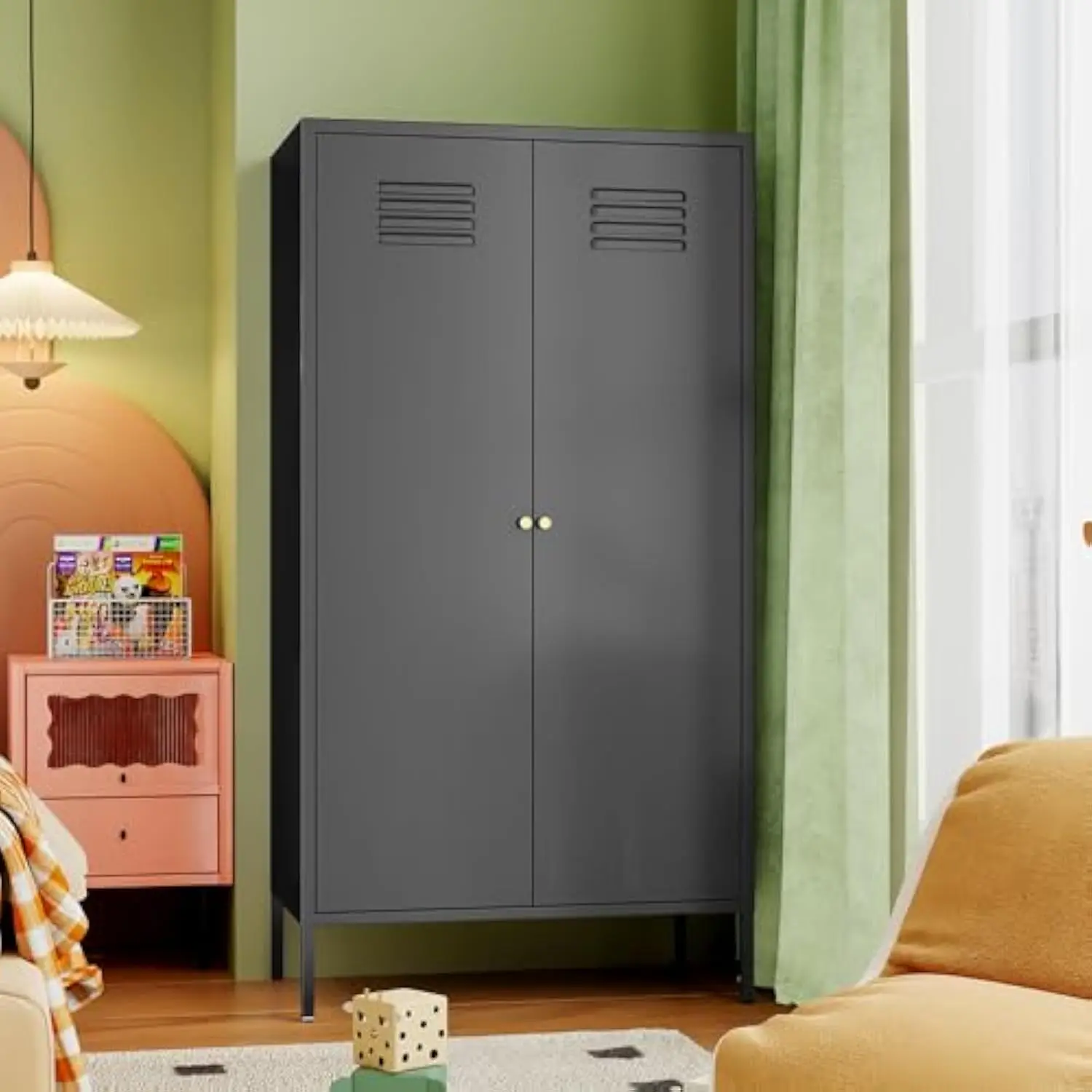 2 Door Metal Wardrobe Storage Cabinet with Hanging Rod and 2 Freely Adjustable Shelves Kids Tall Metal Armoire Closet for Kids 5