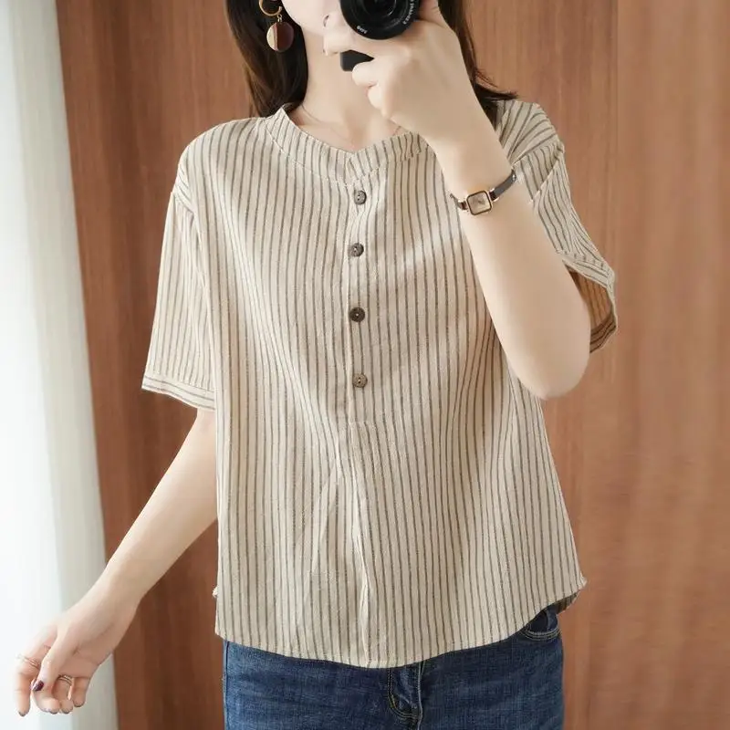 2023 Summer Fashion Trend Commuting Simple Standing Neck Panel Button Stripes Show Thin Loose Relaxed Versatile Women's Shirt