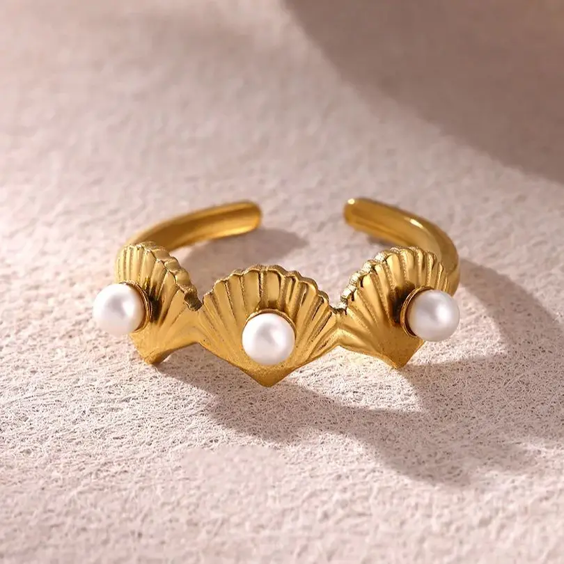 Pearl Shell Ring Women18K Gold Plated Stainless Steel Adjustable Finger Ring