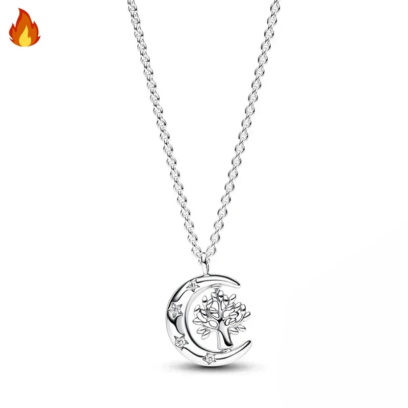 Original Women's Hot Exquisite Blue Pear Blossom Sparkling Water Drop Logo Life Tree Necklace 925 Silver DIY Charm Jewelry