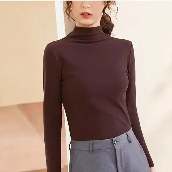 Thickened Velvet Warm Bottoming Shirt Women's Autumn and Winter New Velvet Half Turtleneck T-shirt Top Ins Thermal Underwear